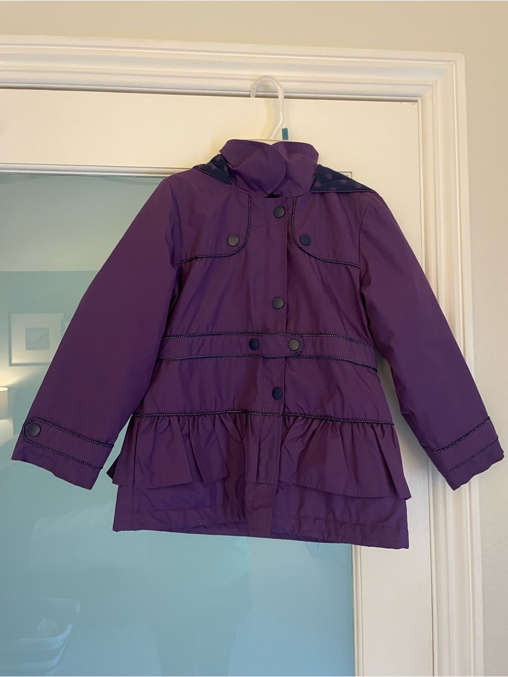 London Fog Girls Fleece Lined Hooded Rain Jacket Coat Purple Ruffle Size 6 Zip